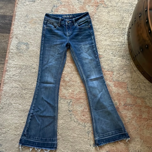 Grace Jeans, flair, little girls size 14, dark wash with fringe on bottom. - Picture 1 of 4